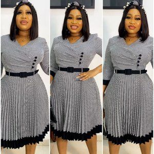 black and white houndstooth pleated dress
